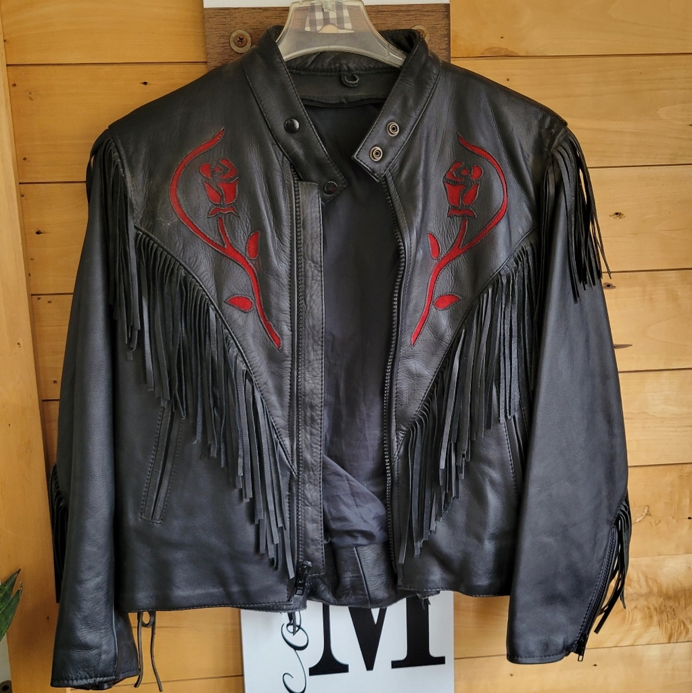 Vintage Leather Biker Jacket with Fringe